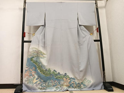 平和屋着物●豪華色留袖　寿光織　遠山風景樹林文　暈し染め　銀通し地　さが美扱い　正絹　逸品　AABK9966ph
