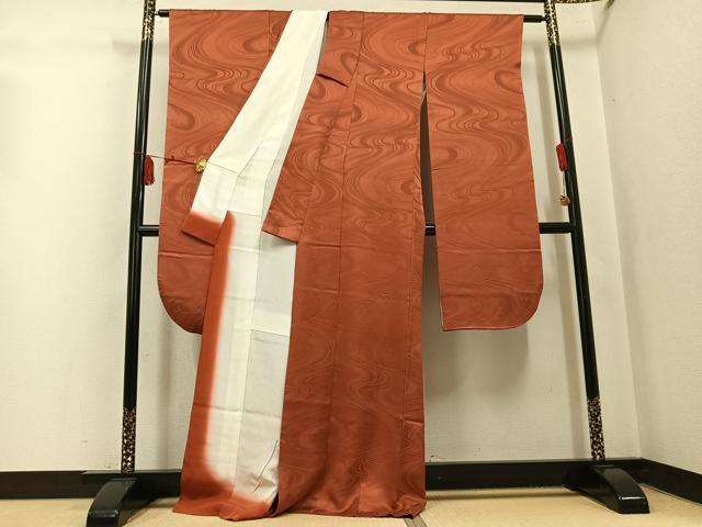 平和屋着物●豪華振袖　流水地紋　色無地　赤茶色　正絹　逸品　AABK9977ph