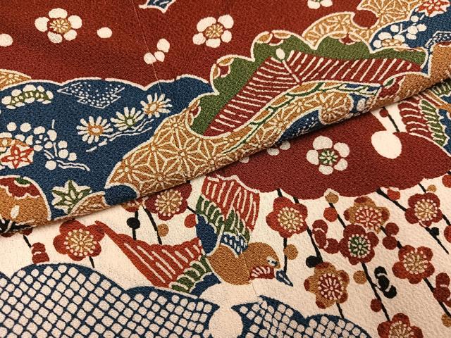 平和屋着物●訪問着　型染め　花鳥文　鬼しぼ縮緬　正絹　逸品　AABK9980ph
