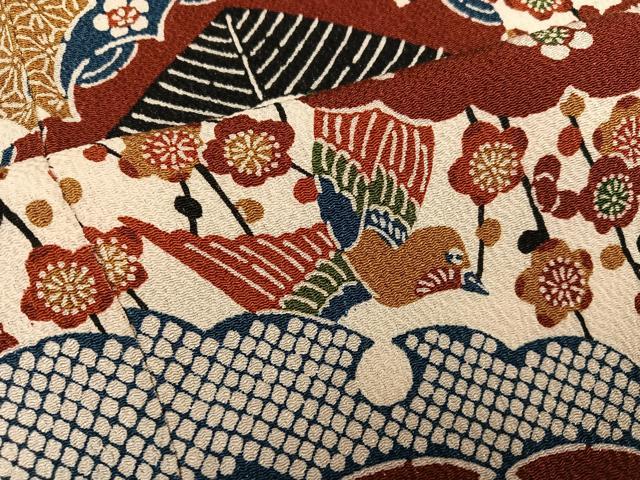 平和屋着物●訪問着　型染め　花鳥文　鬼しぼ縮緬　正絹　逸品　AABK9980ph