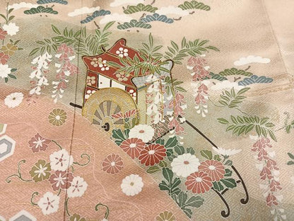 平和屋着物●訪問着　御所車草花文　暈し染め　金彩　正絹　逸品　AABK9982ph