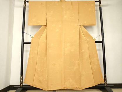 平和屋着物●上質な色無地　草花地紋　柑子色　正絹　逸品　AABL0006ck
