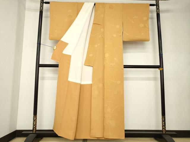 平和屋着物●上質な色無地　草花地紋　柑子色　正絹　逸品　AABL0006ck