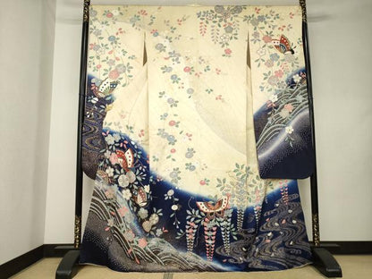 平和屋着物●豪華振袖　絞り　花蝶文　暈し染め　金彩　正絹　逸品　AABL0009ck