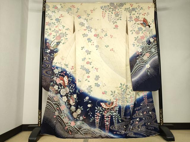 平和屋着物●豪華振袖　絞り　花蝶文　暈し染め　金彩　正絹　逸品　AABL0009ck