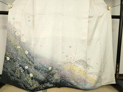 平和屋着物●訪問着　絞り　舞花文　暈し染め　金彩　金通し地　正絹　逸品　AABL0018ck