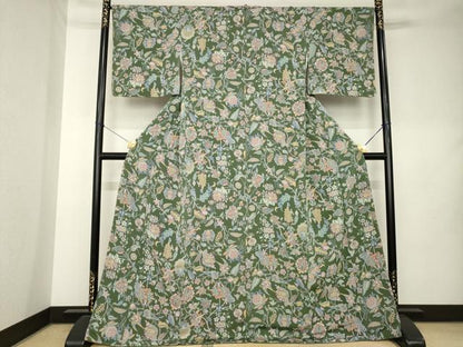 平和屋着物●上質な小紋　更紗花鳥文　鬼しぼ縮緬　ロング丈　正絹　逸品　未使用　AABL0030ck