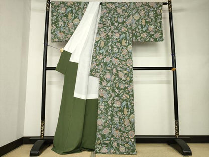 平和屋着物●上質な小紋　更紗花鳥文　鬼しぼ縮緬　ロング丈　正絹　逸品　未使用　AABL0030ck