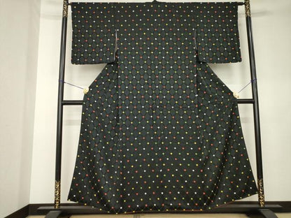 平和屋着物●上質な小紋　絞り　菱繋ぎ　黒地　正絹　逸品　AABL0034ck