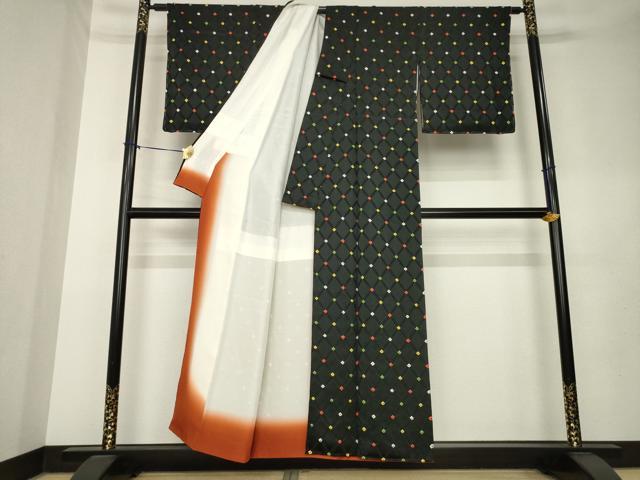 平和屋着物●上質な小紋　絞り　菱繋ぎ　黒地　正絹　逸品　AABL0034ck