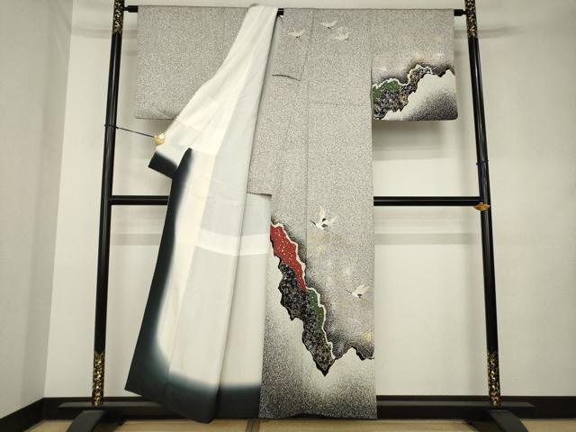平和屋着物●訪問着　飛鶴文　たたき染め　金銀彩　正絹　逸品　AABL0039ck