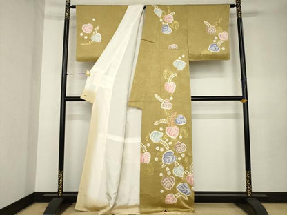 平和屋着物●創業460年・千總　訪問着　絞り　駒刺繍　草花文　金彩　三越扱い　正絹　逸品　AABL0040ck