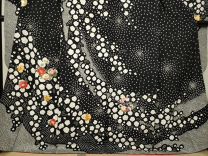 平和屋着物●豪華振袖・長襦袢(無双仕立て)セット　総絞り　駒刺繍　花丸文　黒地　ロング丈　正絹　逸品　AABL0042ck