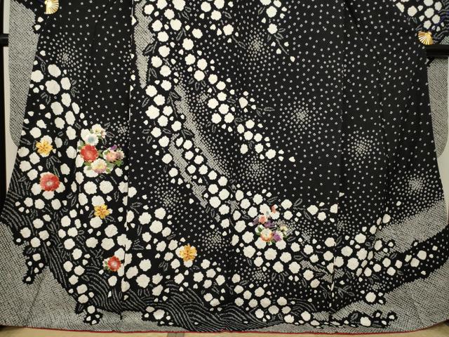 平和屋着物●豪華振袖・長襦袢(無双仕立て)セット　総絞り　駒刺繍　花丸文　黒地　ロング丈　正絹　逸品　AABL0042ck