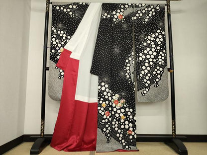 平和屋着物●豪華振袖・長襦袢(無双仕立て)セット　総絞り　駒刺繍　花丸文　黒地　ロング丈　正絹　逸品　AABL0042ck
