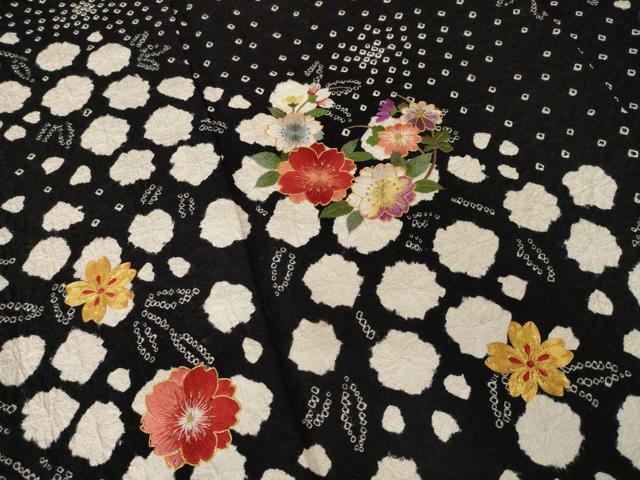 平和屋着物●豪華振袖・長襦袢(無双仕立て)セット　総絞り　駒刺繍　花丸文　黒地　ロング丈　正絹　逸品　AABL0042ck