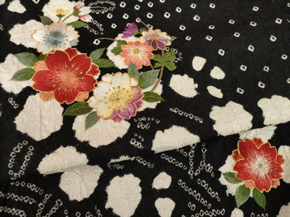 平和屋着物●豪華振袖・長襦袢(無双仕立て)セット　総絞り　駒刺繍　花丸文　黒地　ロング丈　正絹　逸品　AABL0042ck
