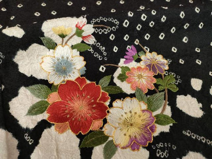平和屋着物●豪華振袖・長襦袢(無双仕立て)セット　総絞り　駒刺繍　花丸文　黒地　ロング丈　正絹　逸品　AABL0042ck
