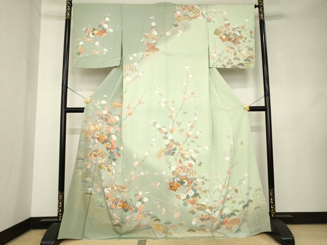 平和屋着物●十日町友禅作家　松雨　訪問着　駒刺繍　吉祥扇面花文　正絹　逸品　AABL0047ck