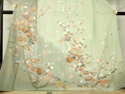 平和屋着物●十日町友禅作家　松雨　訪問着　駒刺繍　吉祥扇面花文　正絹　逸品　AABL0047ck
