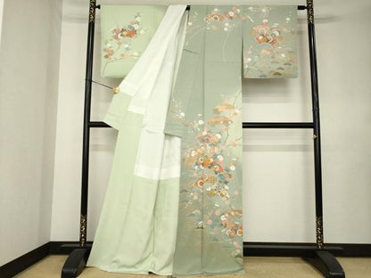 平和屋着物●十日町友禅作家　松雨　訪問着　駒刺繍　吉祥扇面花文　正絹　逸品　AABL0047ck