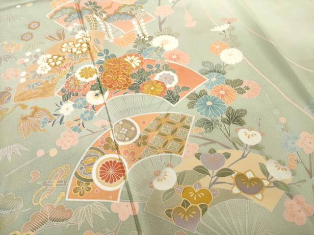 平和屋着物●十日町友禅作家　松雨　訪問着　駒刺繍　吉祥扇面花文　正絹　逸品　AABL0047ck