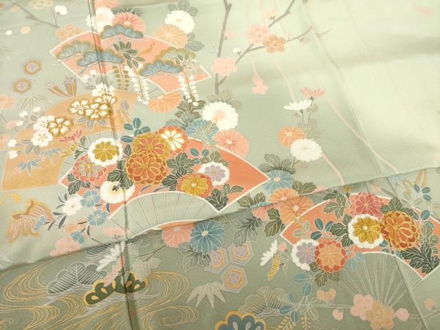 平和屋着物●十日町友禅作家　松雨　訪問着　駒刺繍　吉祥扇面花文　正絹　逸品　AABL0047ck