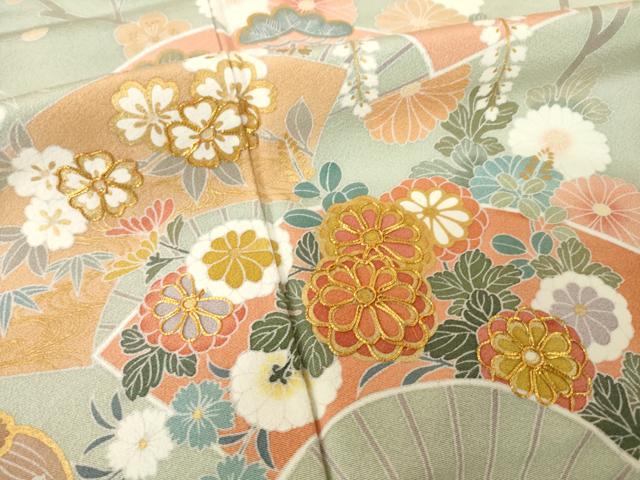 平和屋着物●十日町友禅作家　松雨　訪問着　駒刺繍　吉祥扇面花文　正絹　逸品　AABL0047ck