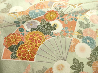 平和屋着物●十日町友禅作家　松雨　訪問着　駒刺繍　吉祥扇面花文　正絹　逸品　AABL0047ck