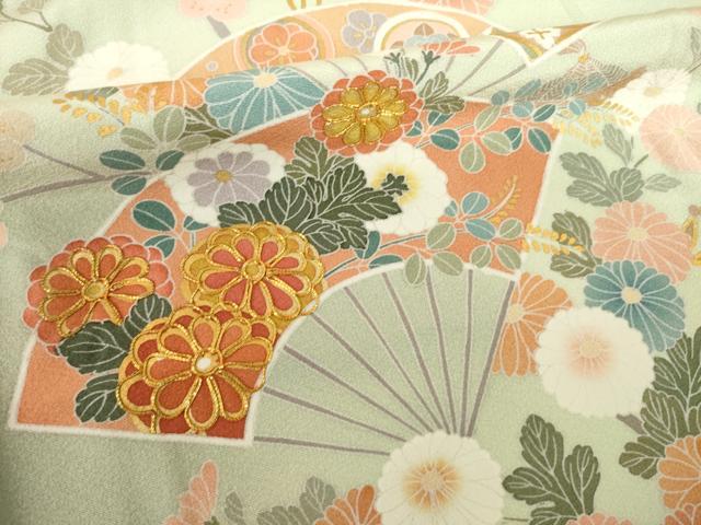 平和屋着物●十日町友禅作家　松雨　訪問着　駒刺繍　吉祥扇面花文　正絹　逸品　AABL0047ck