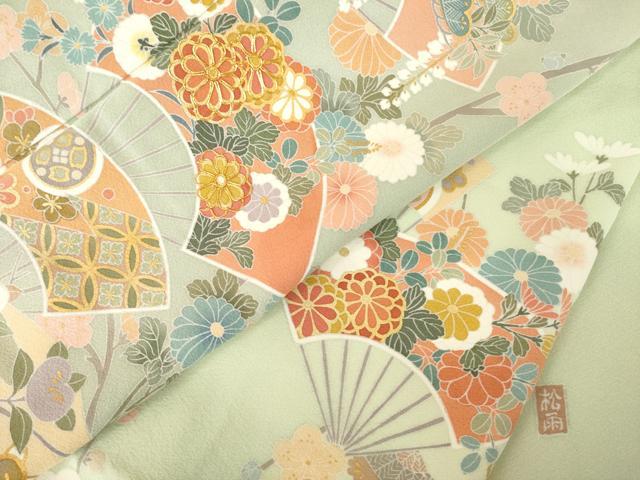 平和屋着物●十日町友禅作家　松雨　訪問着　駒刺繍　吉祥扇面花文　正絹　逸品　AABL0047ck