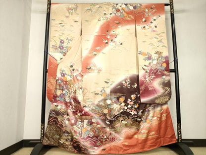 平和屋着物●豪華振袖　駒刺繍　御所車花文　正絹　逸品　AABL0049ck