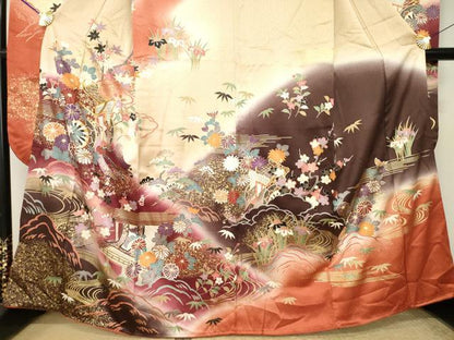 平和屋着物●豪華振袖　駒刺繍　御所車花文　正絹　逸品　AABL0049ck