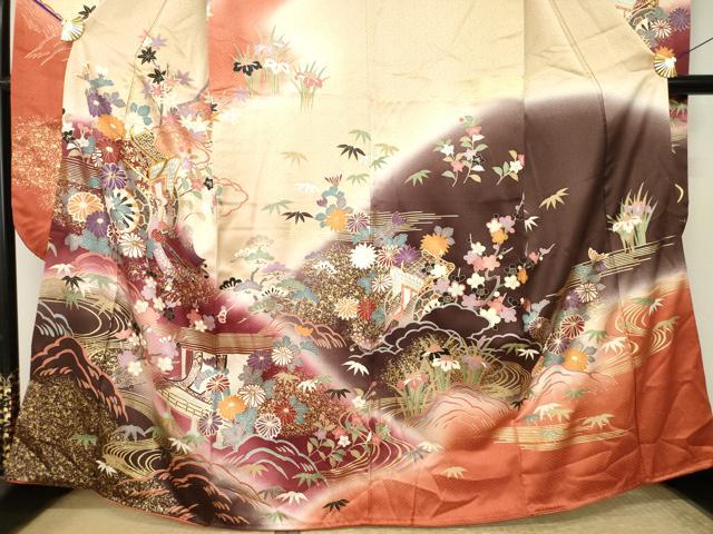 平和屋着物●豪華振袖　駒刺繍　御所車花文　正絹　逸品　AABL0049ck