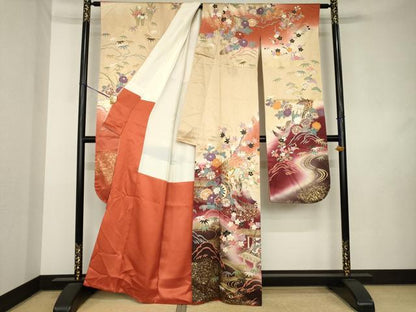 平和屋着物●豪華振袖　駒刺繍　御所車花文　正絹　逸品　AABL0049ck