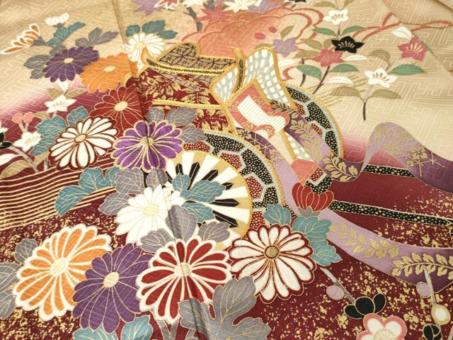 平和屋着物●豪華振袖　駒刺繍　御所車花文　正絹　逸品　AABL0049ck
