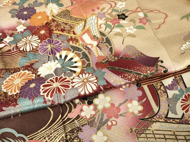平和屋着物●豪華振袖　駒刺繍　御所車花文　正絹　逸品　AABL0049ck