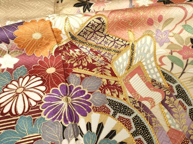 平和屋着物●豪華振袖　駒刺繍　御所車花文　正絹　逸品　AABL0049ck