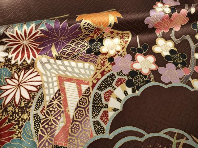 平和屋着物●豪華振袖　駒刺繍　御所車花文　正絹　逸品　AABL0049ck