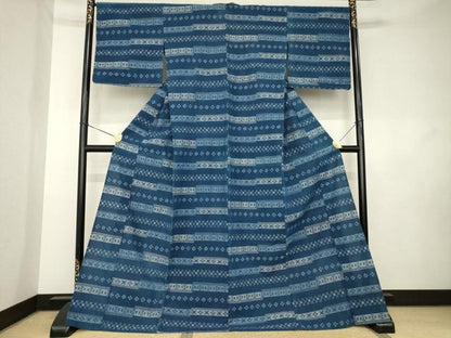 平和屋着物●久留米絣　単衣　横段花文　綿　逸品　AABL0054ck