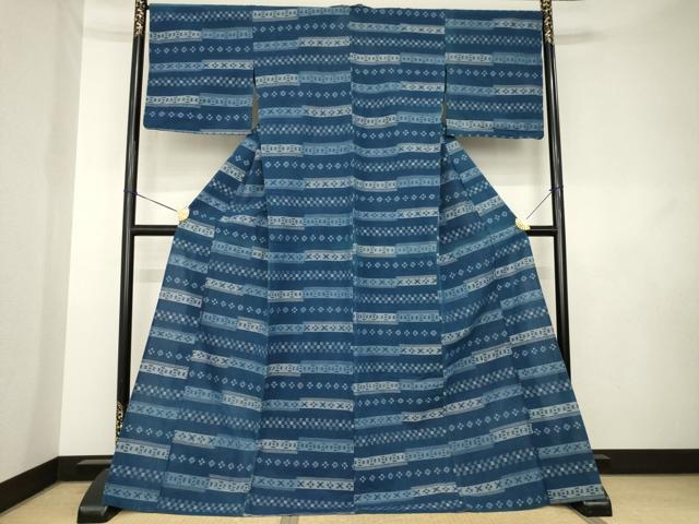 平和屋着物●久留米絣　単衣　横段花文　綿　逸品　AABL0054ck