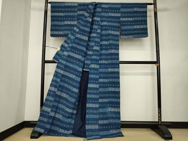 平和屋着物●久留米絣　単衣　横段花文　綿　逸品　AABL0054ck