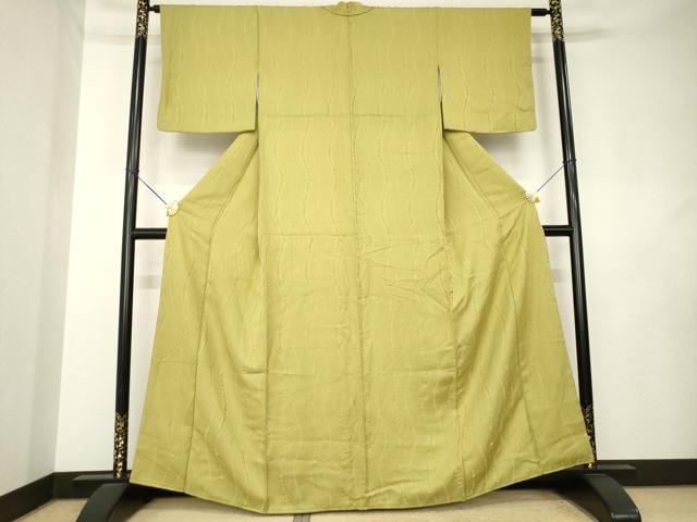 平和屋着物●上質な色無地　よろけ縞地紋　油色　正絹　逸品　AABL0073ck