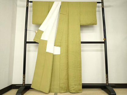 平和屋着物●上質な色無地　よろけ縞地紋　油色　正絹　逸品　AABL0073ck