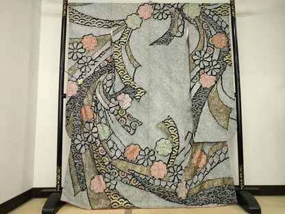 平和屋着物●豪華振袖　総絞り　蔓帯花文　黒地　金彩　正絹　逸品　AABL0079ck