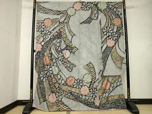 平和屋着物●豪華振袖　総絞り　蔓帯花文　黒地　金彩　正絹　逸品　AABL0079ck