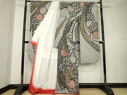 平和屋着物●豪華振袖　総絞り　蔓帯花文　黒地　金彩　正絹　逸品　AABL0079ck