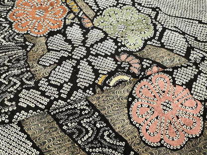 平和屋着物●豪華振袖　総絞り　蔓帯花文　黒地　金彩　正絹　逸品　AABL0079ck