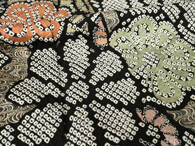 平和屋着物●豪華振袖　総絞り　蔓帯花文　黒地　金彩　正絹　逸品　AABL0079ck