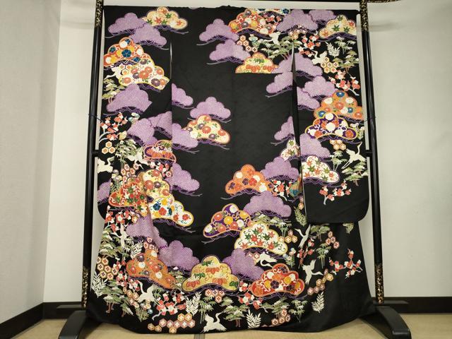 平和屋着物●豪華振袖　飛鶴吉祥松文　黒地　金彩　正絹　逸品　AABL0080ck